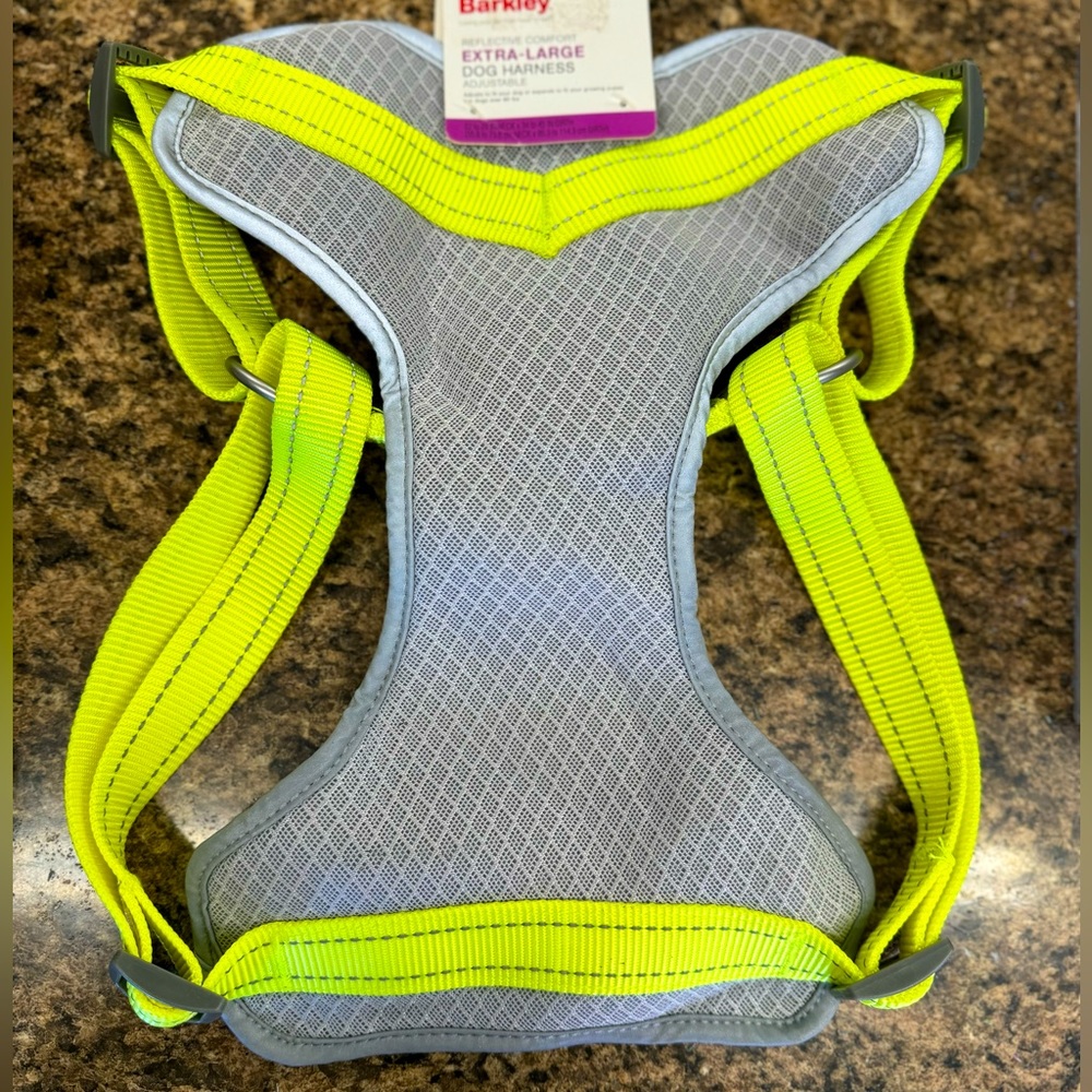 New boots and Barkley chartreuse and gray, reflective dog harness, extra large